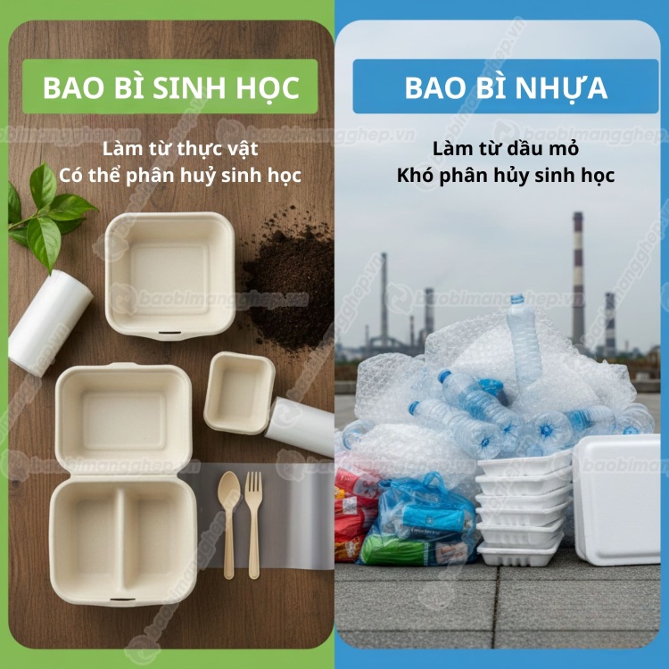 So s&aacute;nh giữa bao b&igrave; sinh học v&agrave; bao b&igrave; nhựa