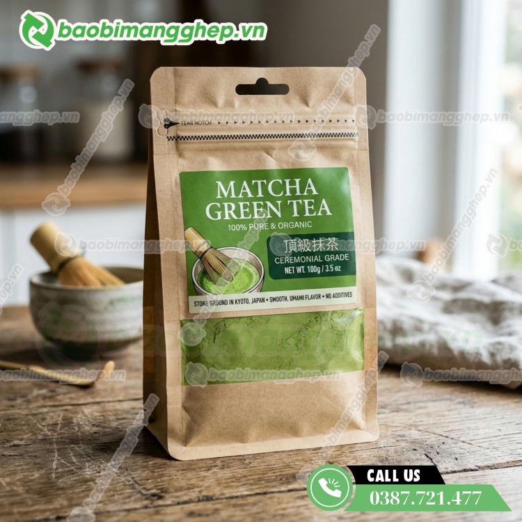 Bao b&igrave; giấy đựng bột matcha, thiết kế đ&aacute;y bằng