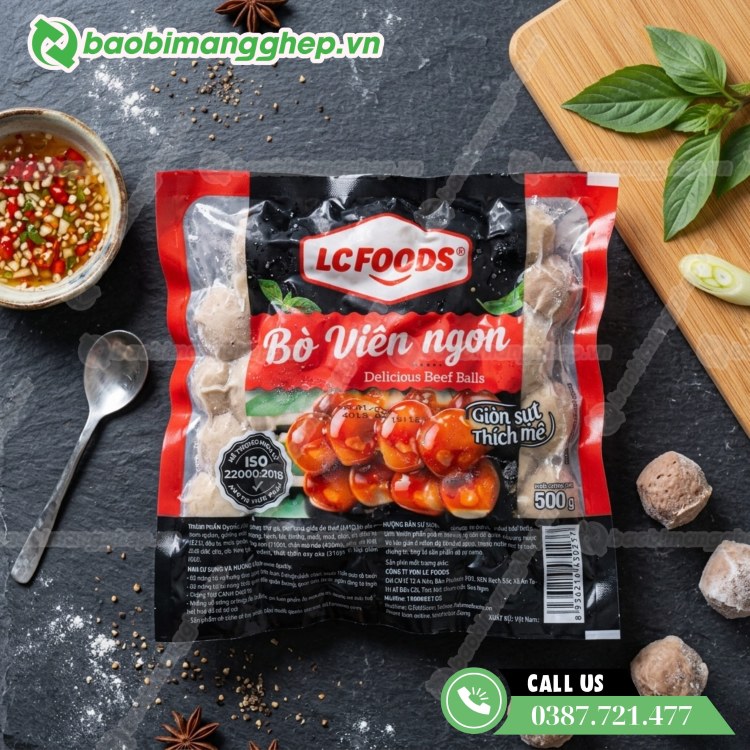 In bao bì đựng bò viên với các thông tin chi tiết