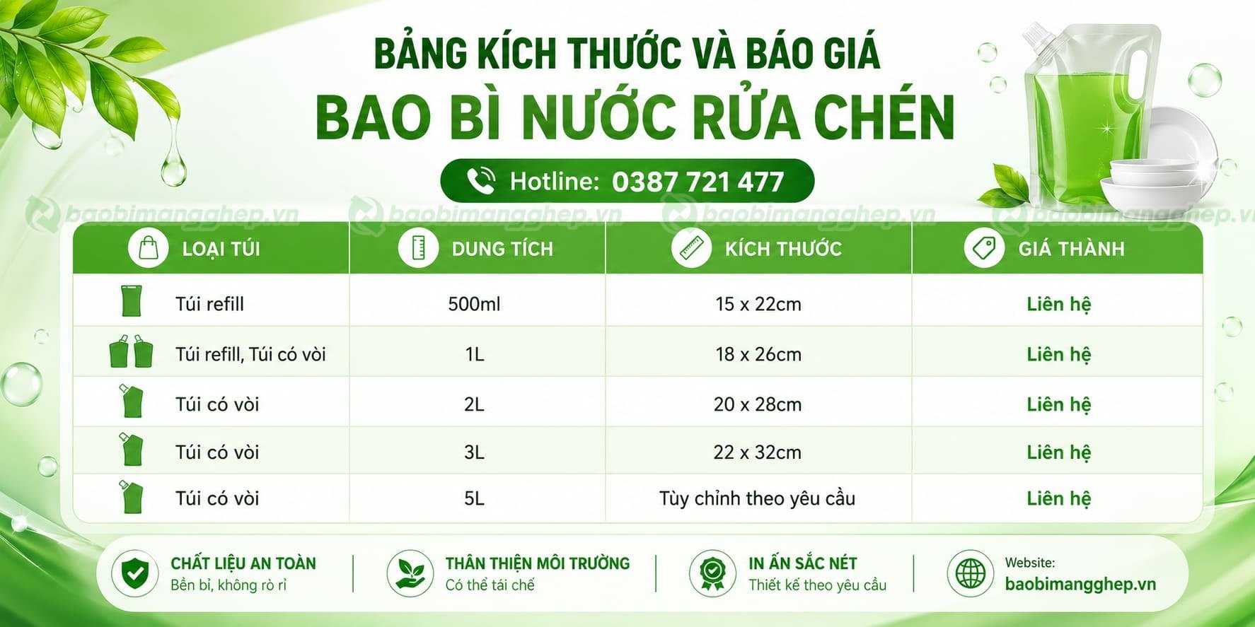 Bảng k&iacute;ch thước v&agrave; b&aacute;o gi&aacute; in bao b&igrave; nước rửa ch&eacute;n (b&aacute;t)