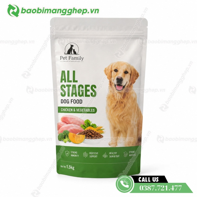 D&ograve;ng bao b&igrave; đựng thức ăn ch&oacute;, m&egrave;o, th&uacute; cưng thiết kế 3 lớp PET/AL/PE