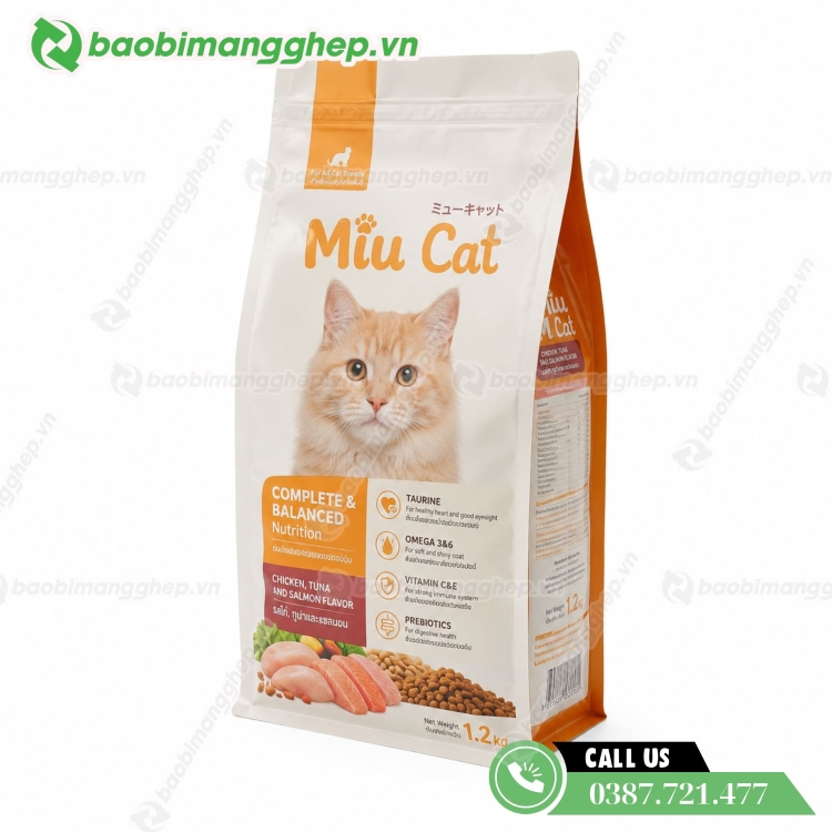 In bao b&igrave; thức ăn ch&oacute;, m&egrave;o, th&uacute; cưng dạng t&uacute;i xếp h&ocirc;ng đ&aacute;y bằng