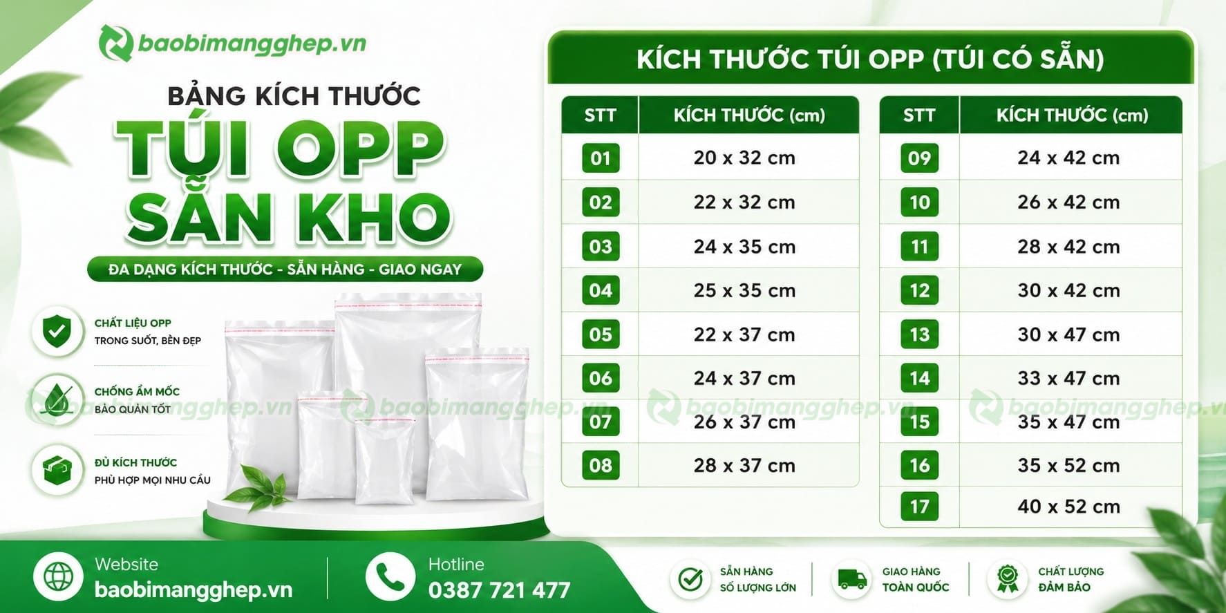 Bảng k&iacute;ch thước t&uacute;i OPP d&aacute;n miệng sẵn kho 