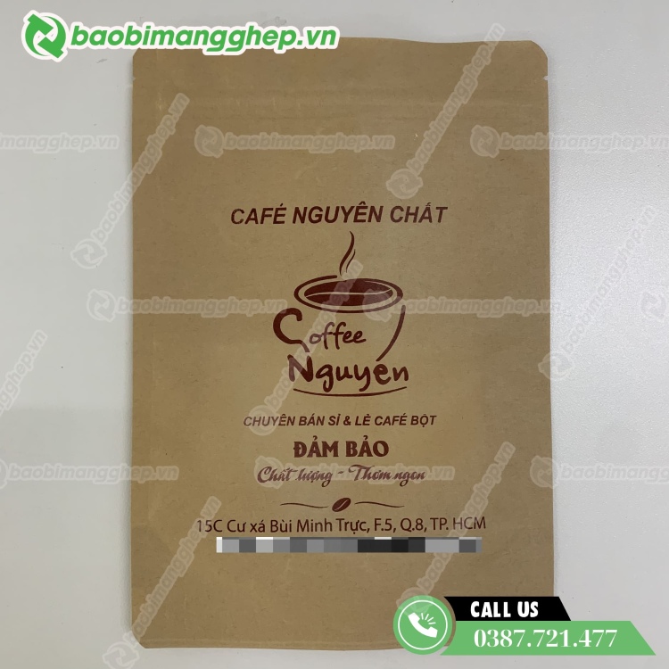 T&uacute;i zip đ&aacute;y đứng đựng hạt cafe chất liệu giấy kraft