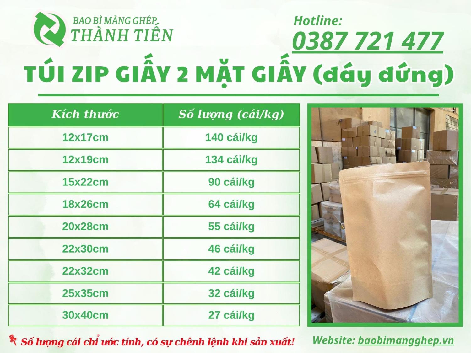 Bảng size t&uacute;i zip 2 mặt giấy 