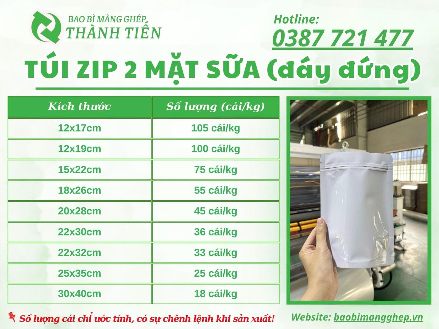Bảng size t&uacute;i zip 2 mặt sữa 