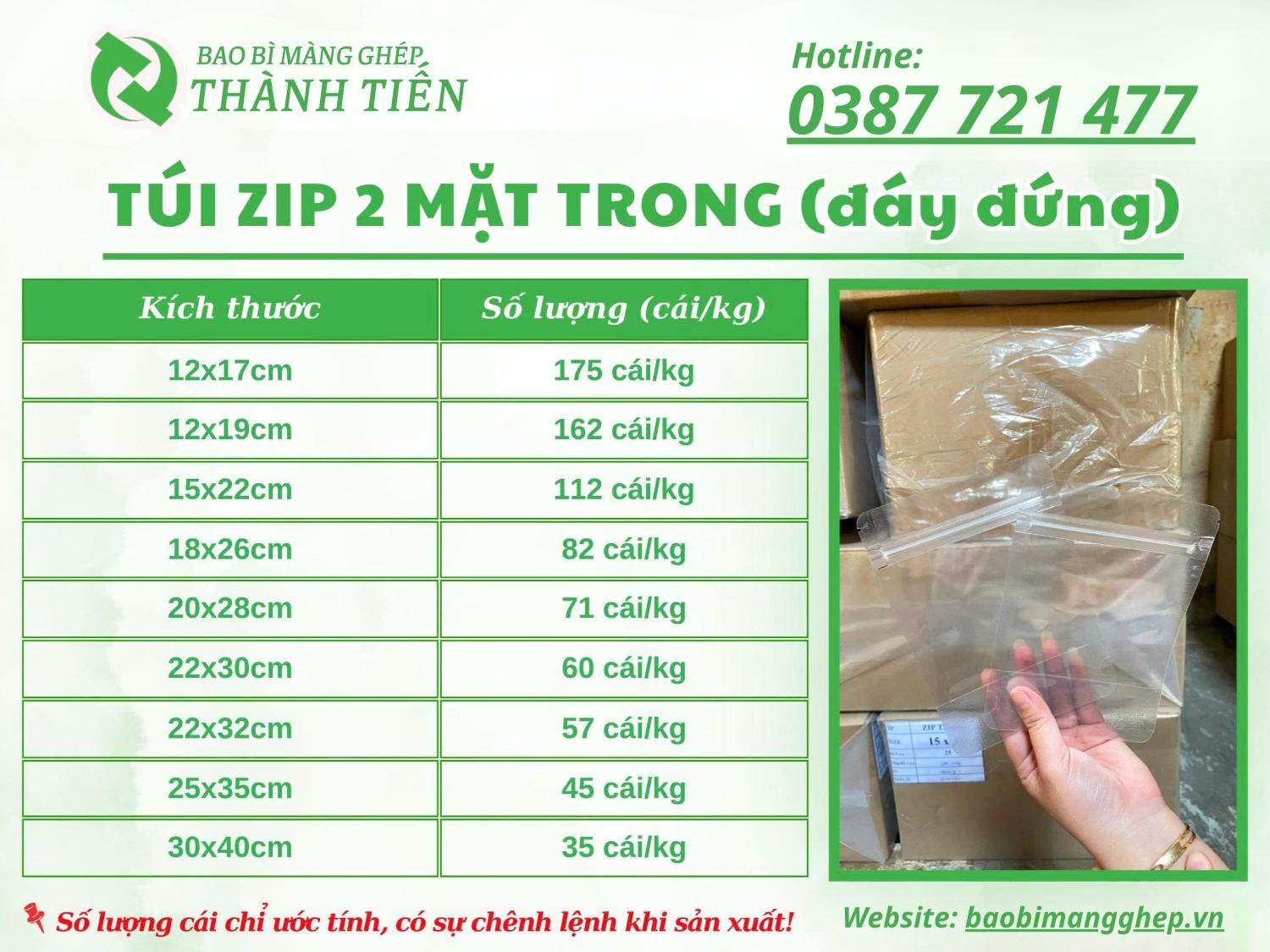 Bảng size t&uacute;i zip 2 mặt trong 