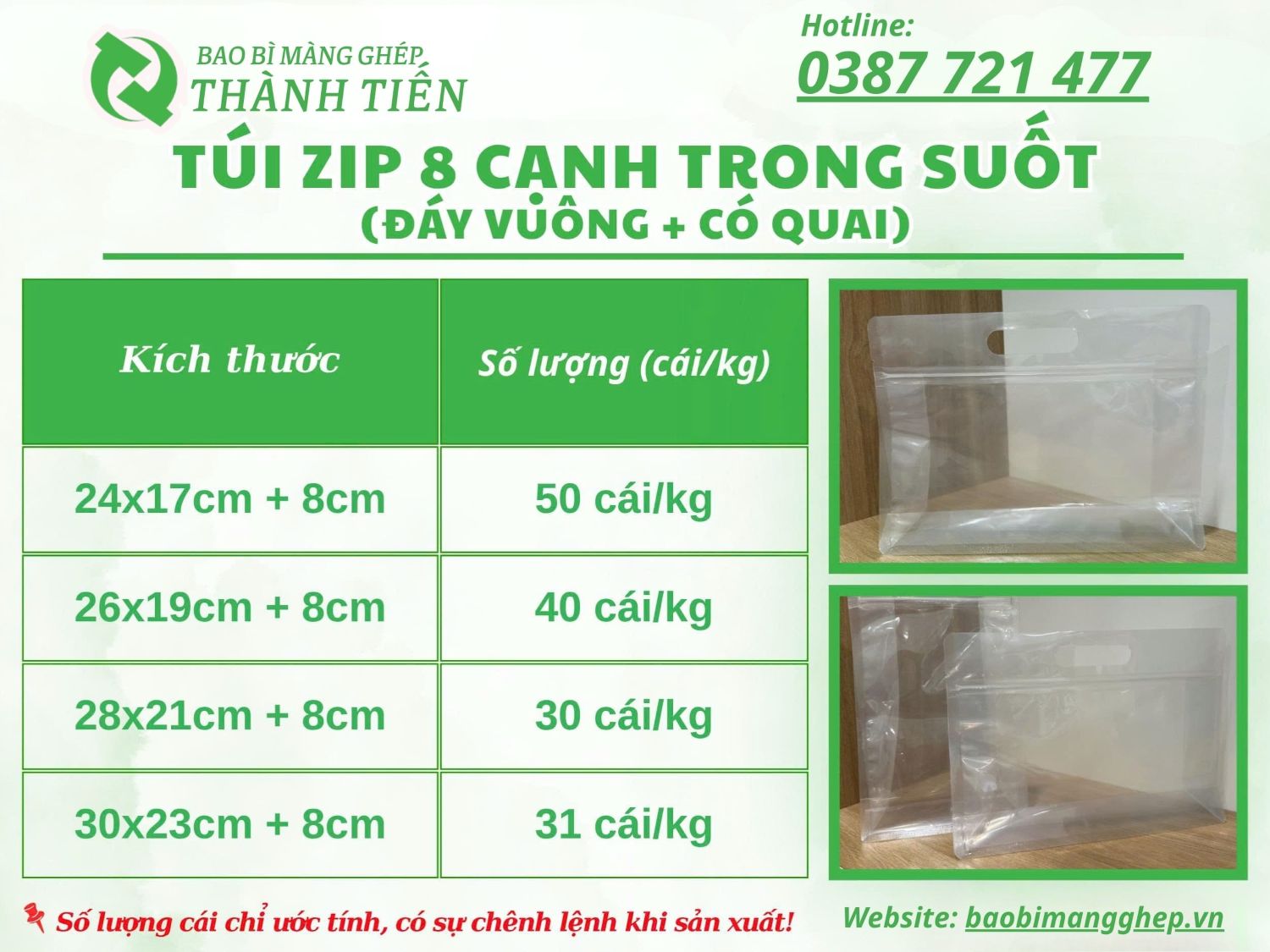 Bảng size t&uacute;i zip 8 cạnh trong suốt 
