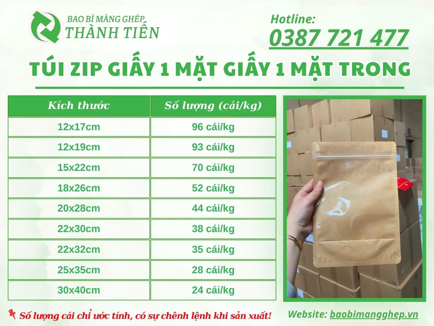 Bảng size t&uacute;i zip giấy 1 mặt trong 