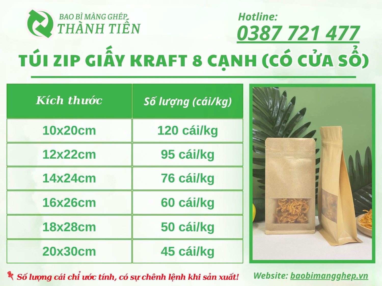 Bảng size t&uacute;i zip giấy 8 cạnh c&oacute; cửa sổ 