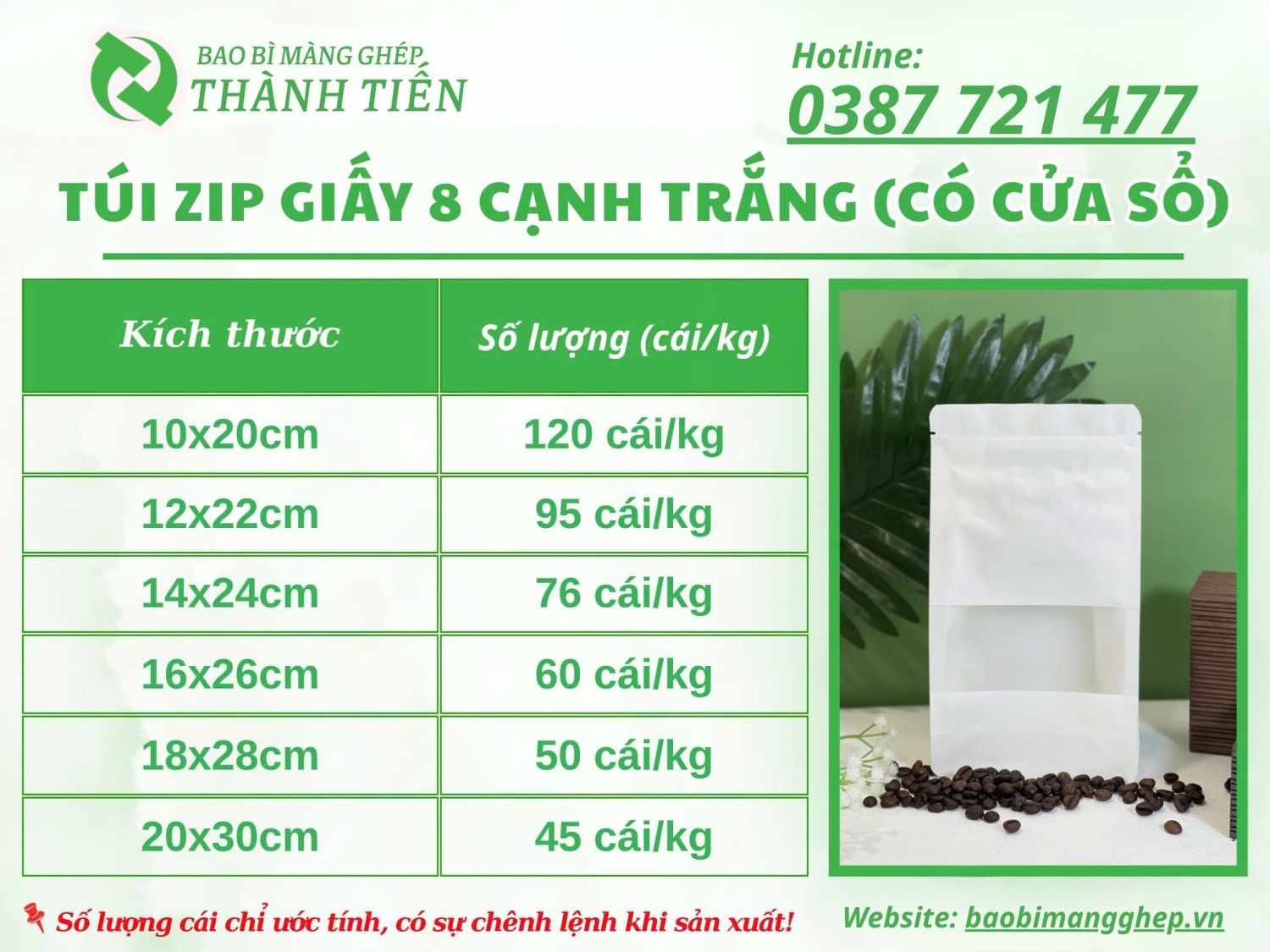 Bảng size t&uacute;i zip giấy 8 cạnh trắng 