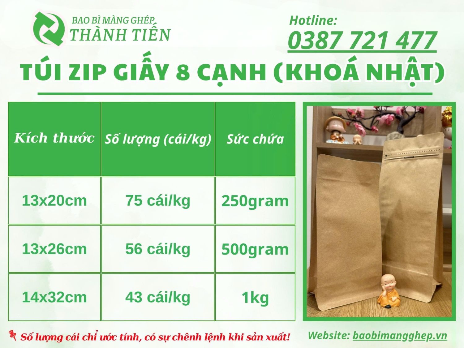Bảng size t&uacute;i zip giấy 8 cạnh 