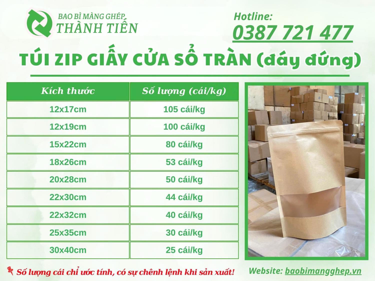 Bảng size t&uacute;i zip giấy cửa sổ tr&agrave;n
