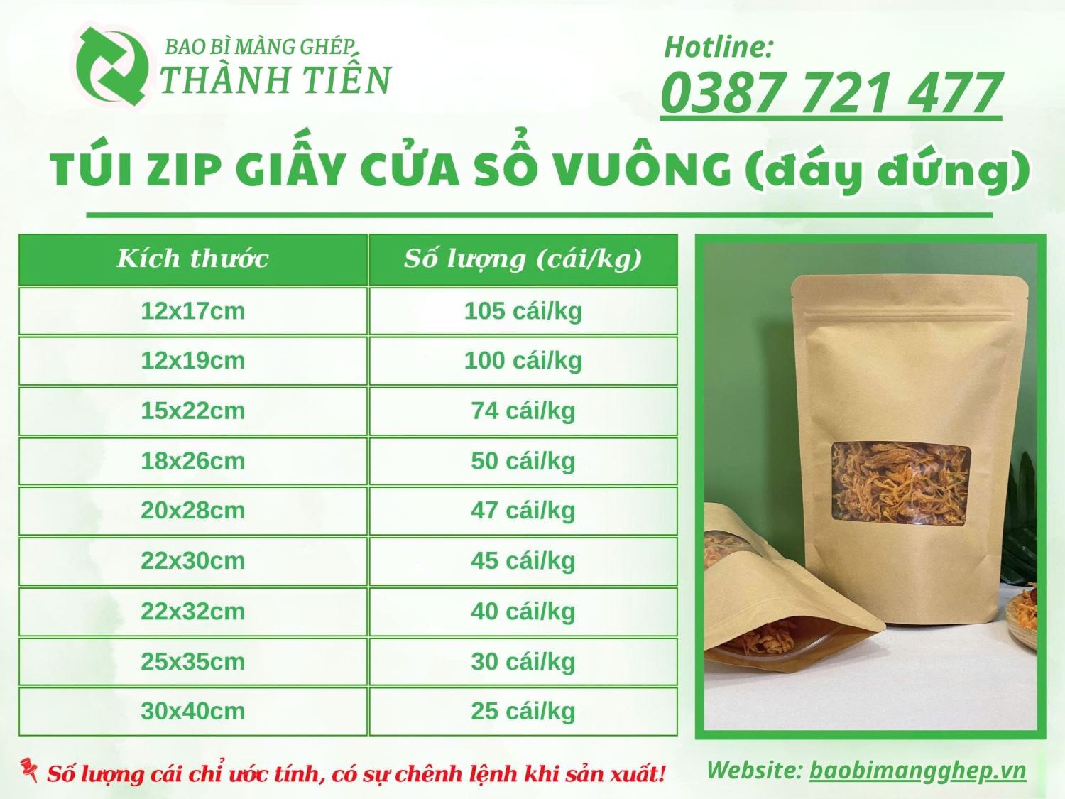 Bảng size t&uacute;i zip giấy cửa sổ vu&ocirc;ng