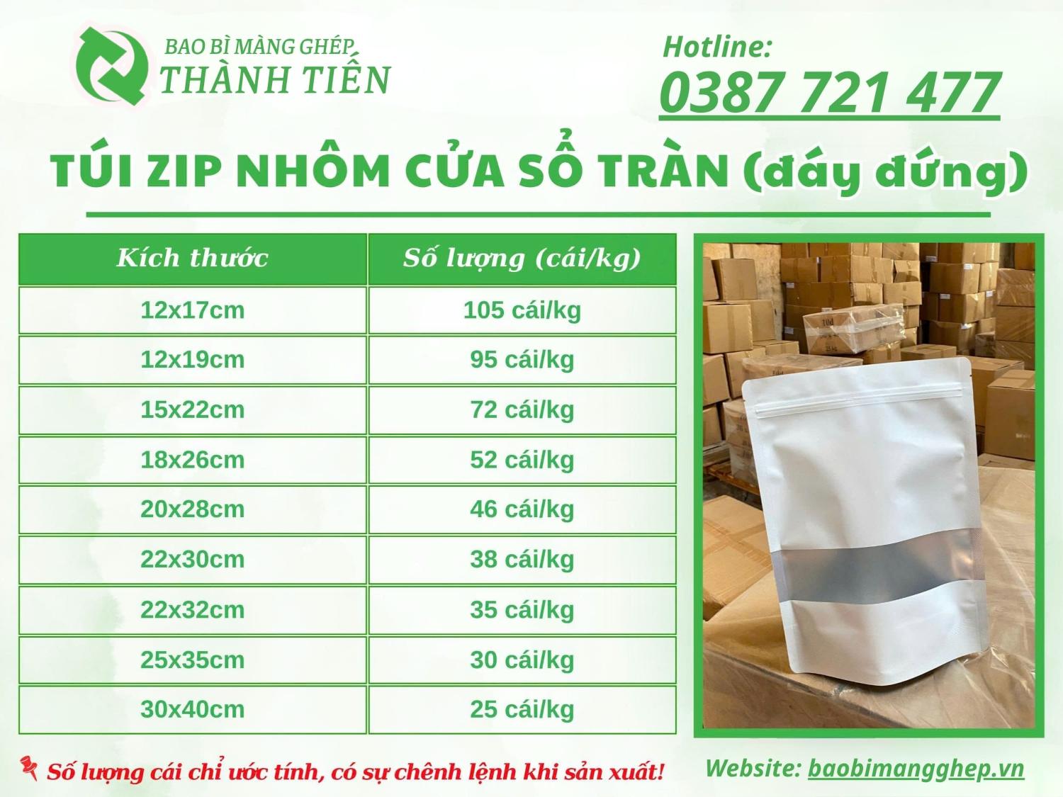 Bảng size t&uacute;i zipper nh&ocirc;m c&oacute; cửa sổ 