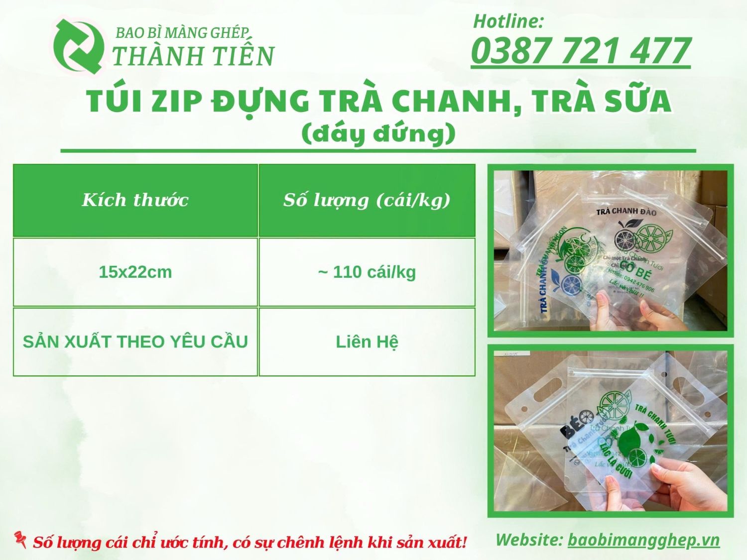 Bảng size t&uacute;i zip tr&agrave; chanh, tr&agrave; sữa 